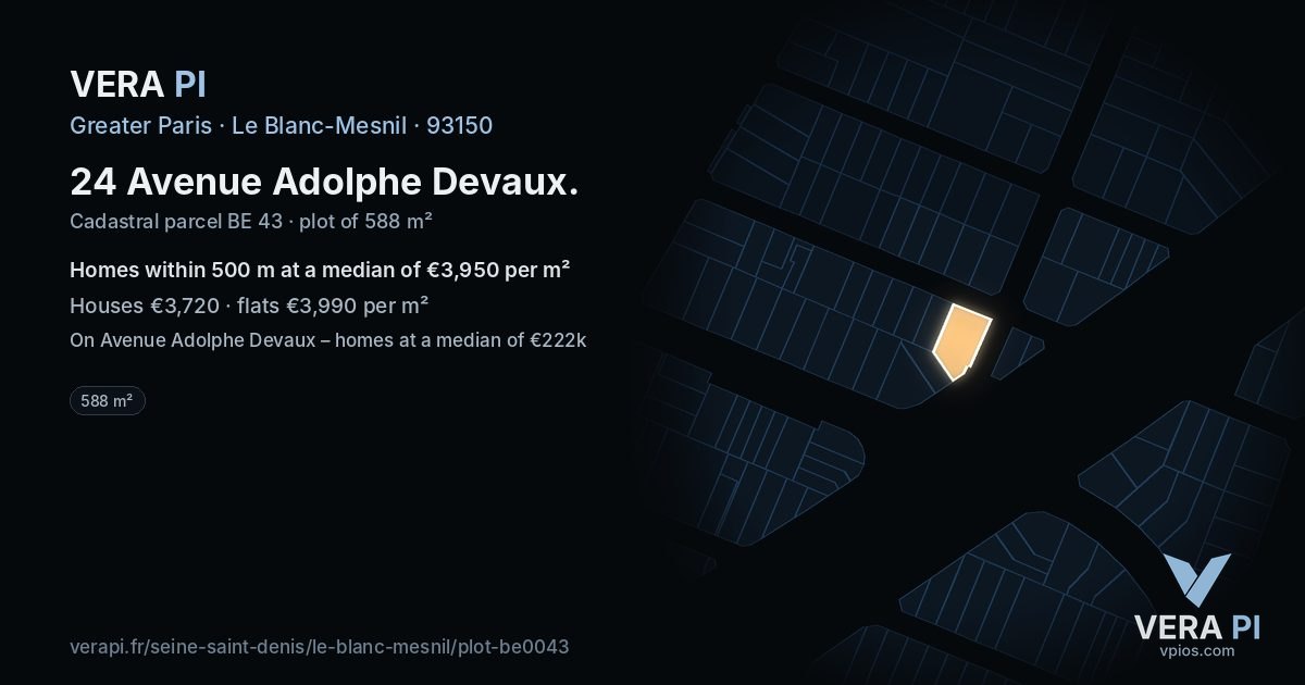 24 Avenue Adolphe Devaux, Le Blanc-Mesnil at night – the plot lit, the parcels around coloured by the prices near them