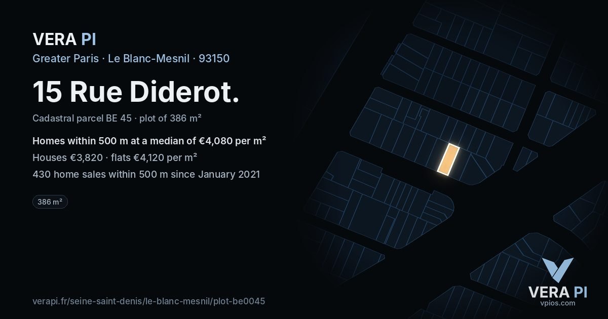 15 Rue Diderot, Le Blanc-Mesnil at night – the plot lit, the parcels around coloured by the prices near them