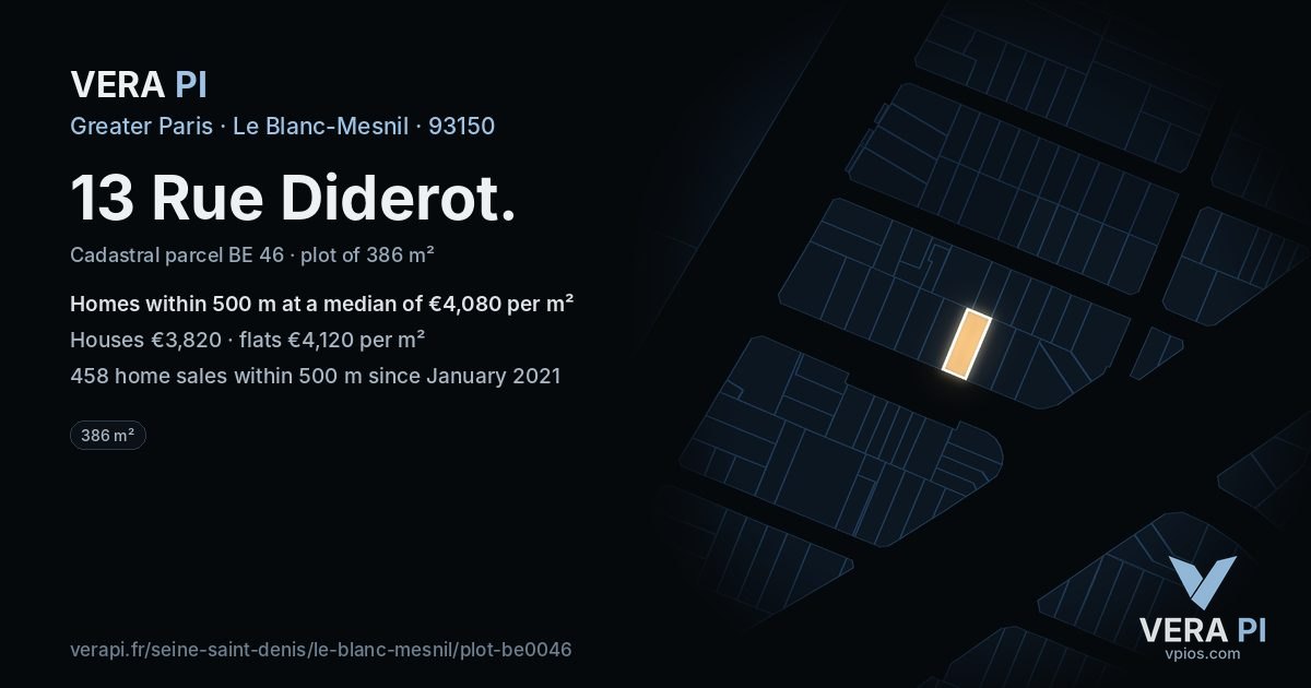 13 Rue Diderot, Le Blanc-Mesnil at night – the plot lit, the parcels around coloured by the prices near them
