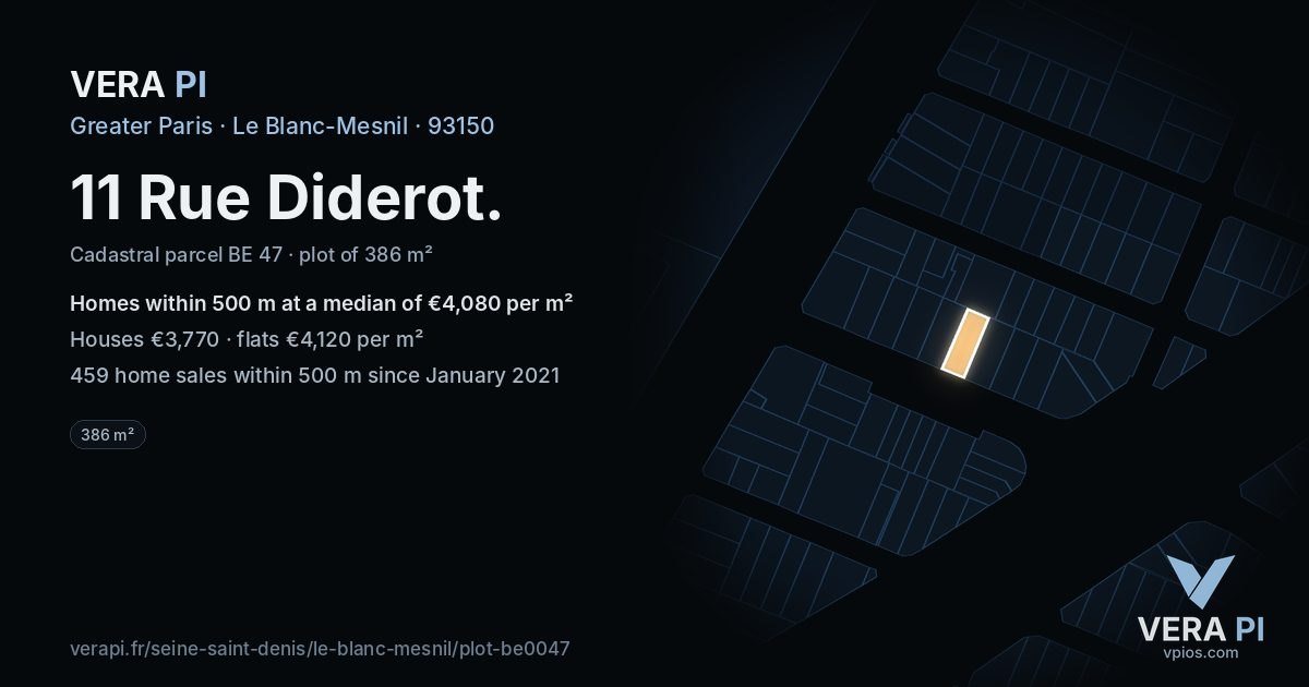 11 Rue Diderot, Le Blanc-Mesnil at night – the plot lit, the parcels around coloured by the prices near them