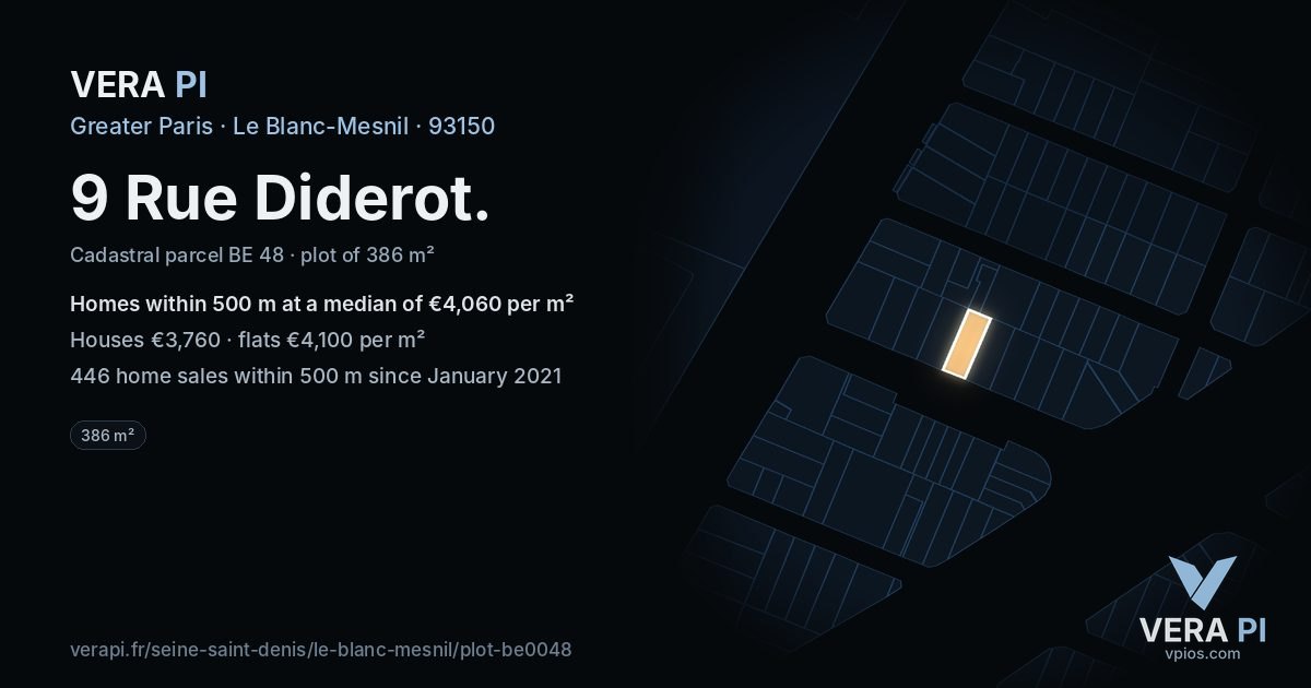 9 Rue Diderot, Le Blanc-Mesnil at night – the plot lit, the parcels around coloured by the prices near them