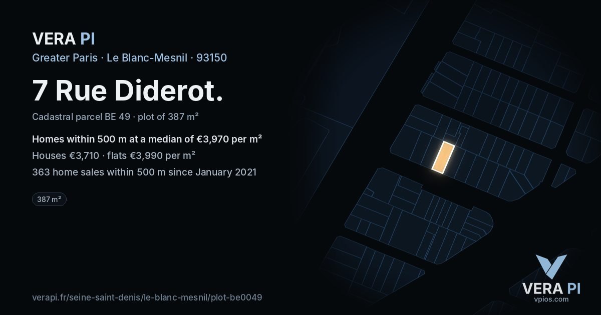 7 Rue Diderot, Le Blanc-Mesnil at night – the plot lit, the parcels around coloured by the prices near them