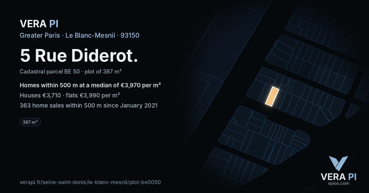 5 Rue Diderot, Le Blanc-Mesnil at night – the plot lit, the parcels around coloured by the prices near them