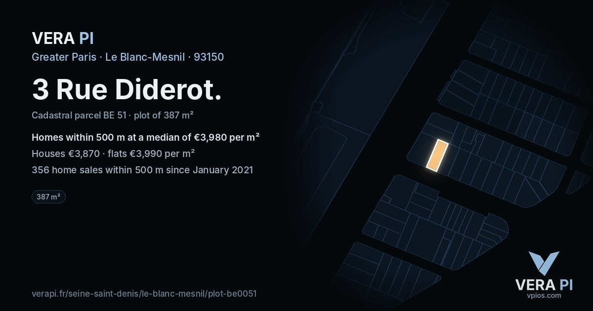 3 Rue Diderot, Le Blanc-Mesnil at night – the plot lit, the parcels around coloured by the prices near them