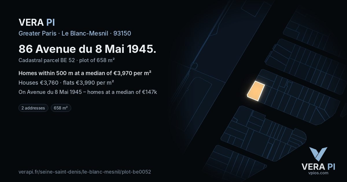 86 Avenue du 8 Mai 1945, Le Blanc-Mesnil at night – the plot lit, the parcels around coloured by the prices near them