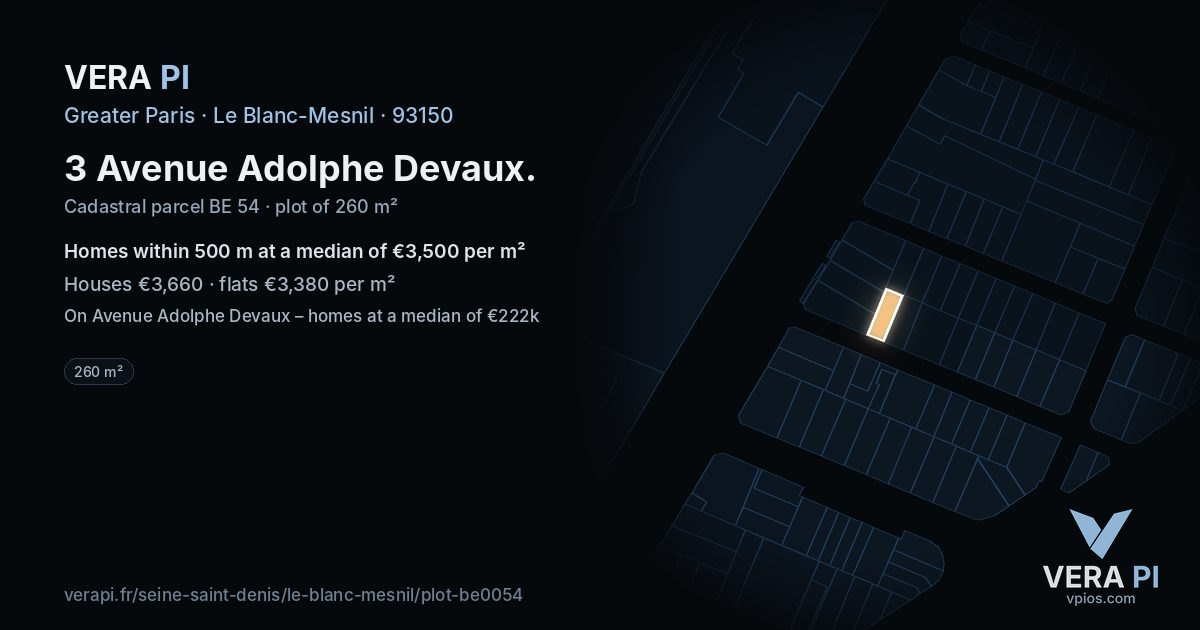 3 Avenue Adolphe Devaux, Le Blanc-Mesnil at night – the plot lit, the parcels around coloured by the prices near them