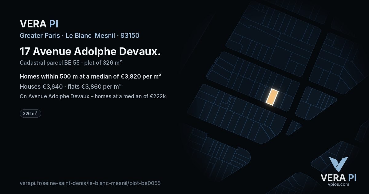 17 Avenue Adolphe Devaux, Le Blanc-Mesnil at night – the plot lit, the parcels around coloured by the prices near them