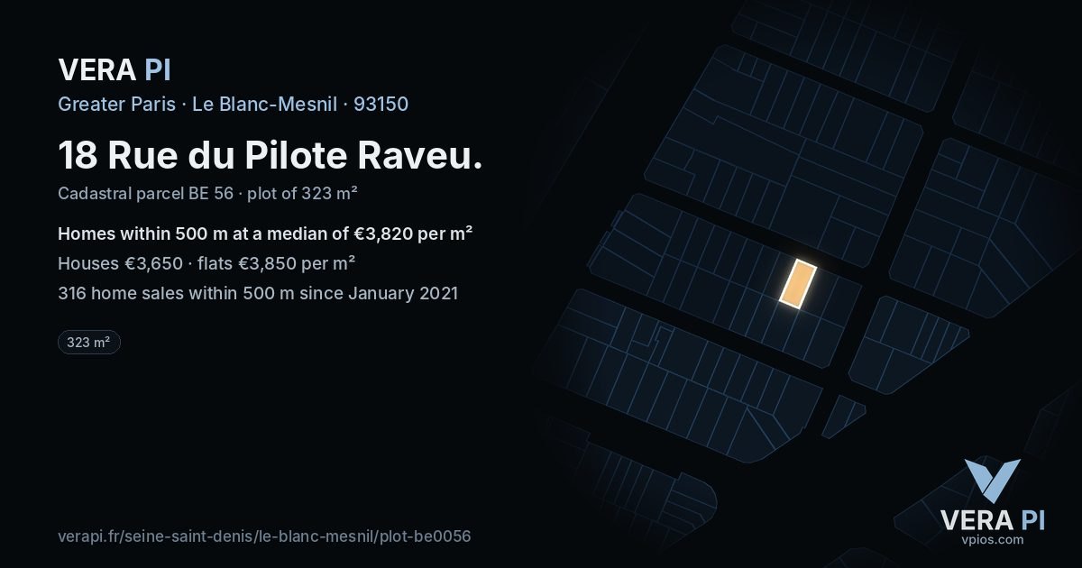 18 Rue du Pilote Raveu, Le Blanc-Mesnil at night – the plot lit, the parcels around coloured by the prices near them