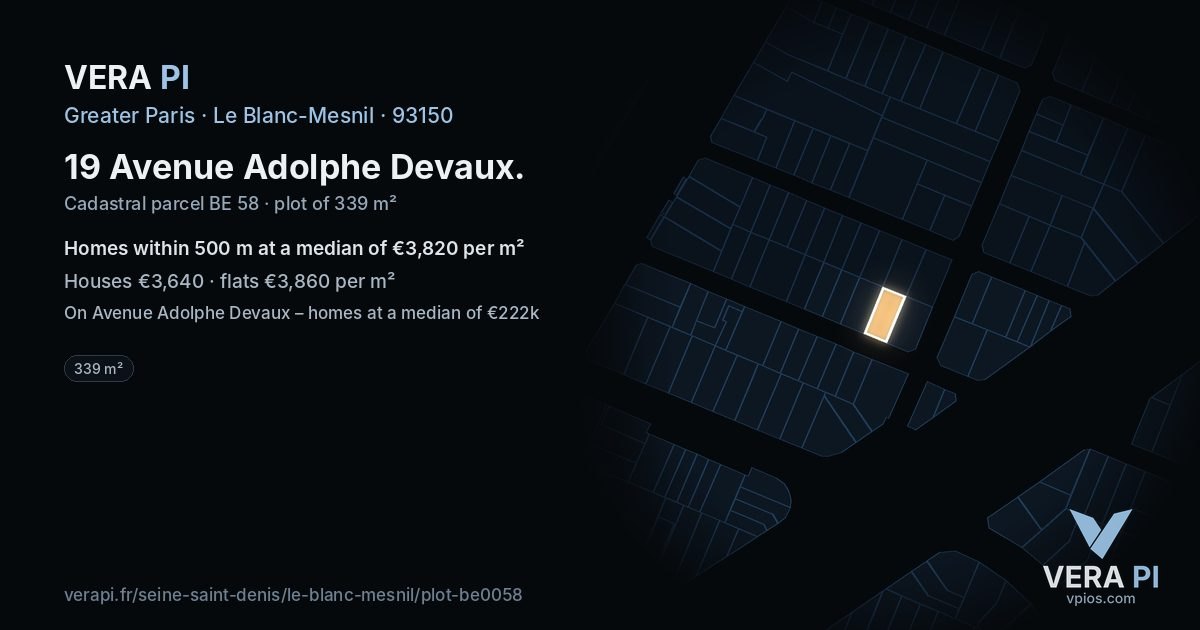 19 Avenue Adolphe Devaux, Le Blanc-Mesnil at night – the plot lit, the parcels around coloured by the prices near them
