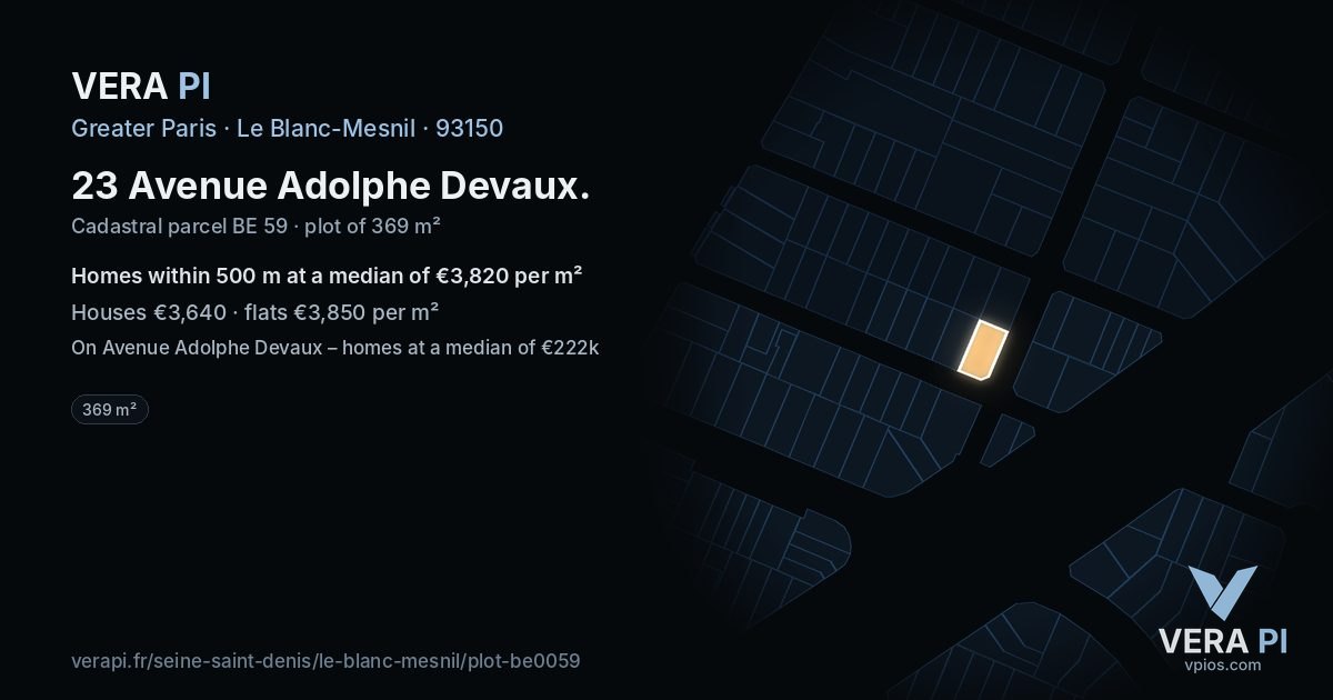 23 Avenue Adolphe Devaux, Le Blanc-Mesnil at night – the plot lit, the parcels around coloured by the prices near them