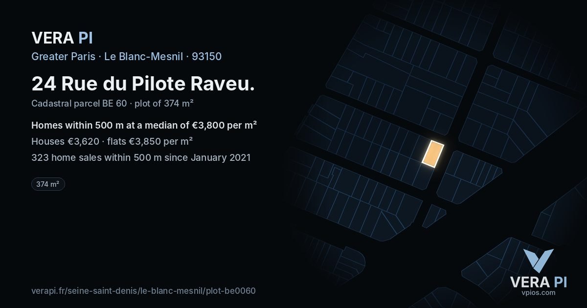 24 Rue du Pilote Raveu, Le Blanc-Mesnil at night – the plot lit, the parcels around coloured by the prices near them