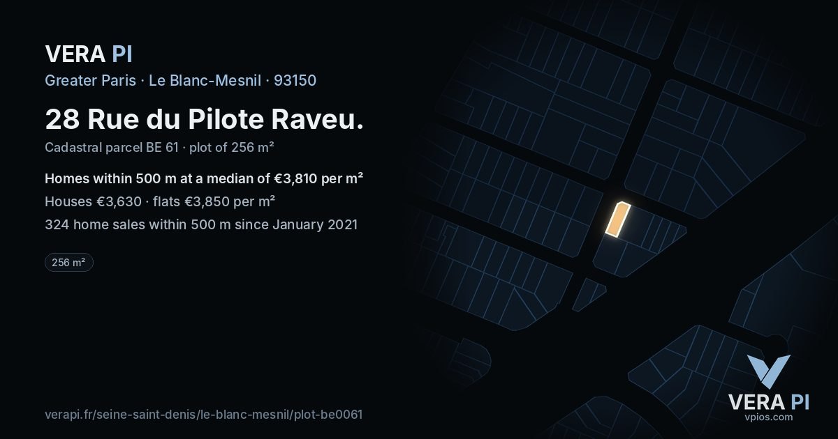 28 Rue du Pilote Raveu, Le Blanc-Mesnil at night – the plot lit, the parcels around coloured by the prices near them
