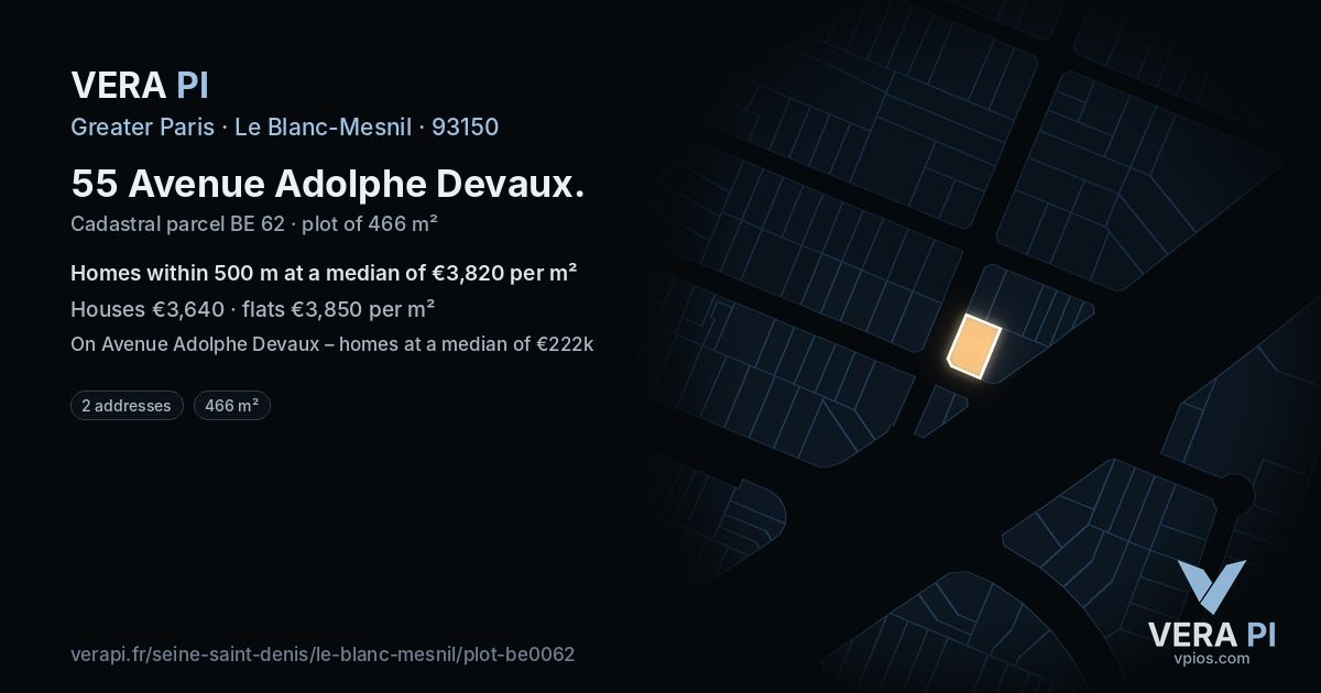 55 Avenue Adolphe Devaux, Le Blanc-Mesnil at night – the plot lit, the parcels around coloured by the prices near them