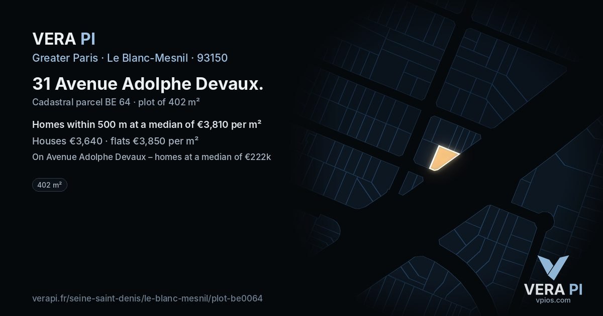 31 Avenue Adolphe Devaux, Le Blanc-Mesnil at night – the plot lit, the parcels around coloured by the prices near them