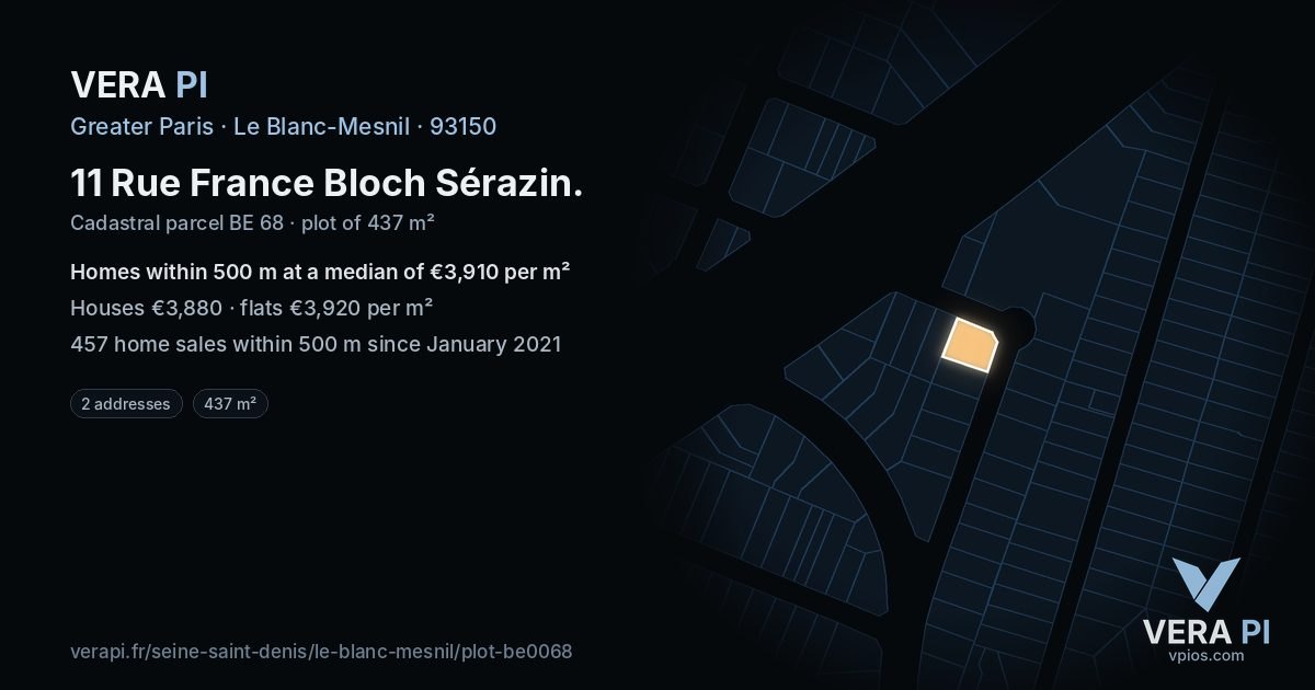 11 Rue France Bloch Sérazin, Le Blanc-Mesnil at night – the plot lit, the parcels around coloured by the prices near them
