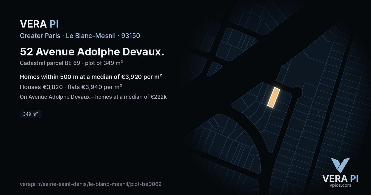 52 Avenue Adolphe Devaux, Le Blanc-Mesnil at night – the plot lit, the parcels around coloured by the prices near them