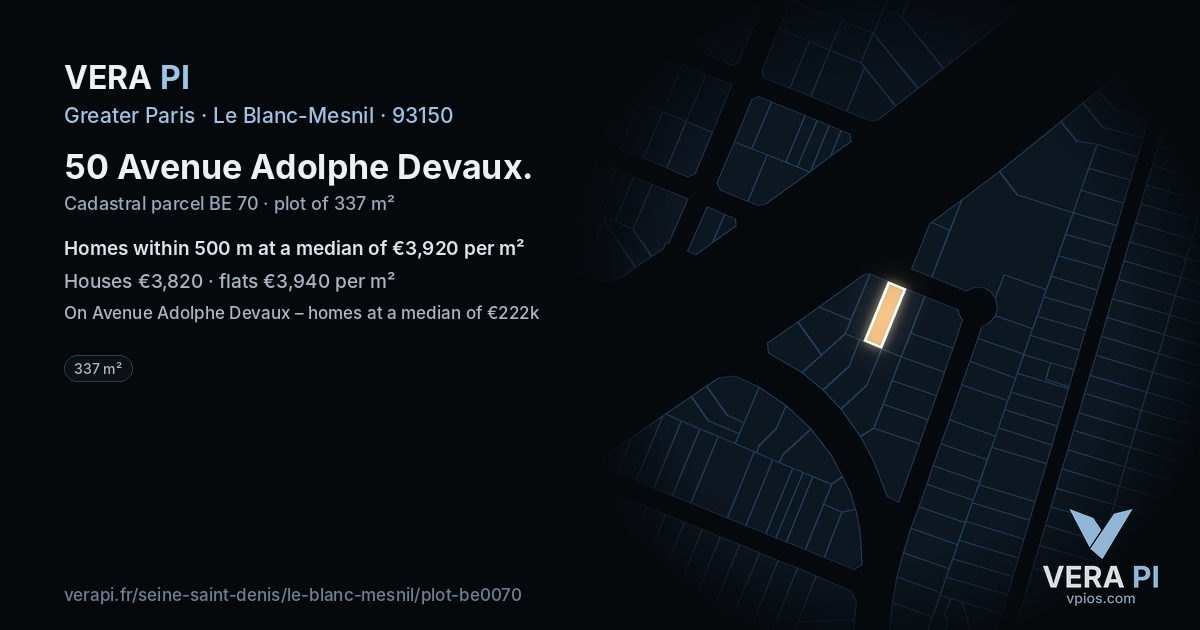 50 Avenue Adolphe Devaux, Le Blanc-Mesnil at night – the plot lit, the parcels around coloured by the prices near them