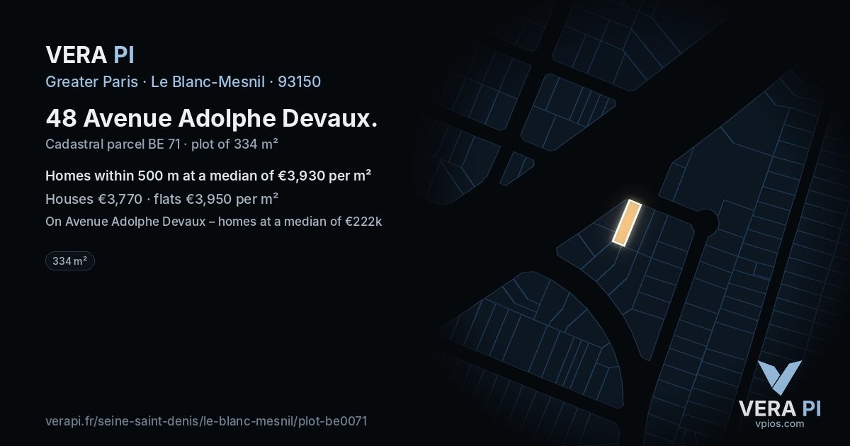 48 Avenue Adolphe Devaux, Le Blanc-Mesnil at night – the plot lit, the parcels around coloured by the prices near them