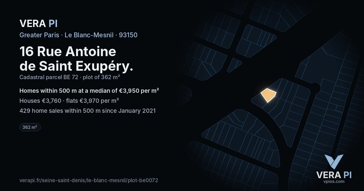 16 Rue Antoine de Saint Exupéry, Le Blanc-Mesnil at night – the plot lit, the parcels around coloured by the prices near them