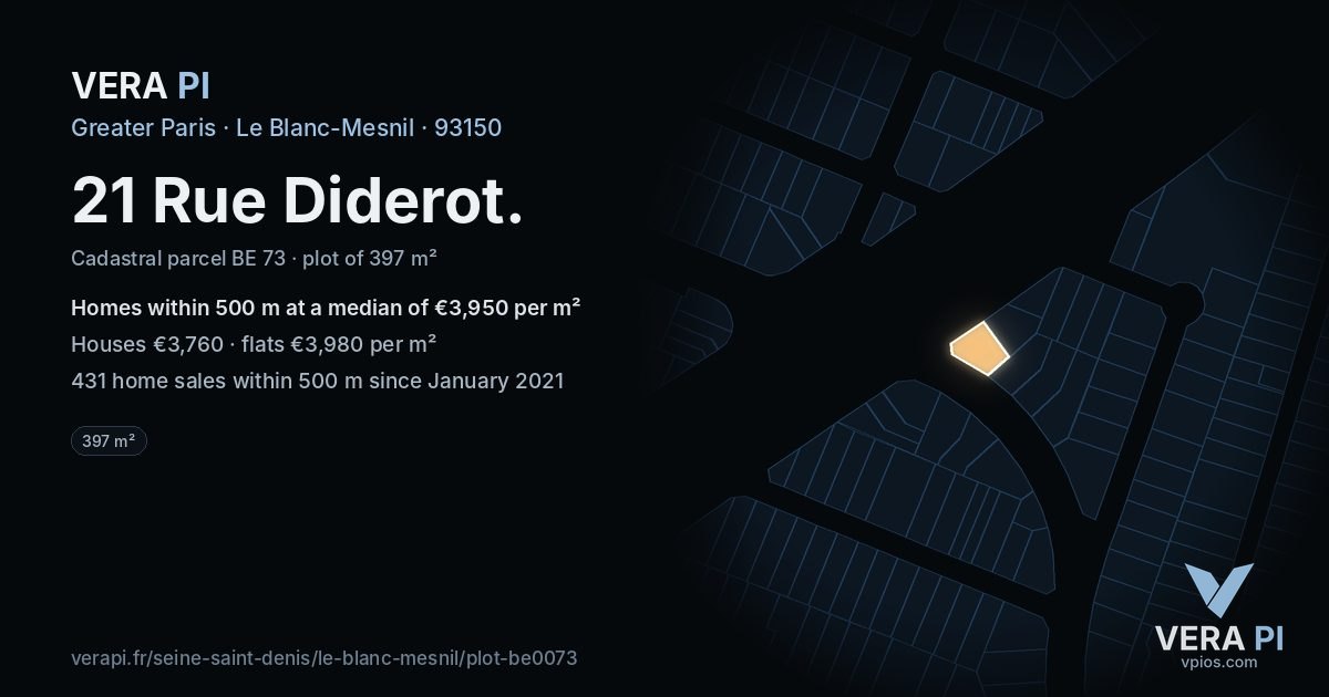 21 Rue Diderot, Le Blanc-Mesnil at night – the plot lit, the parcels around coloured by the prices near them