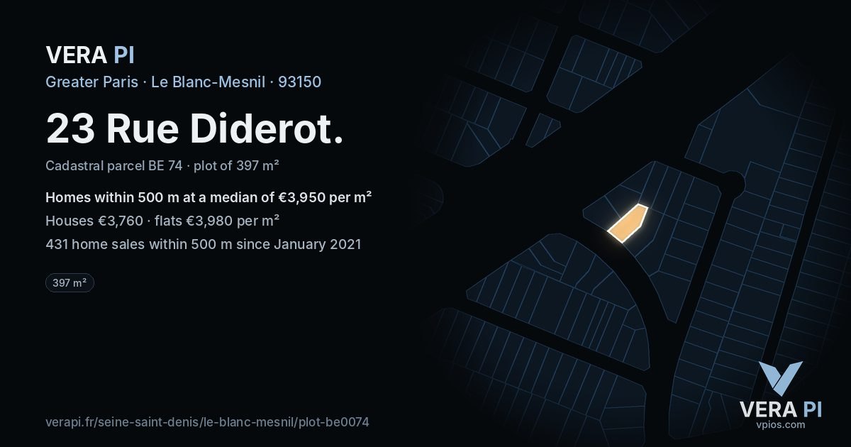 23 Rue Diderot, Le Blanc-Mesnil at night – the plot lit, the parcels around coloured by the prices near them