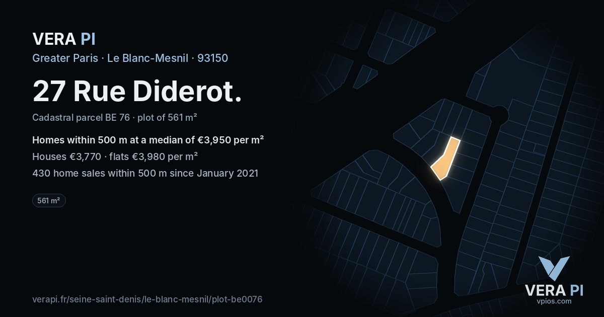 27 Rue Diderot, Le Blanc-Mesnil at night – the plot lit, the parcels around coloured by the prices near them