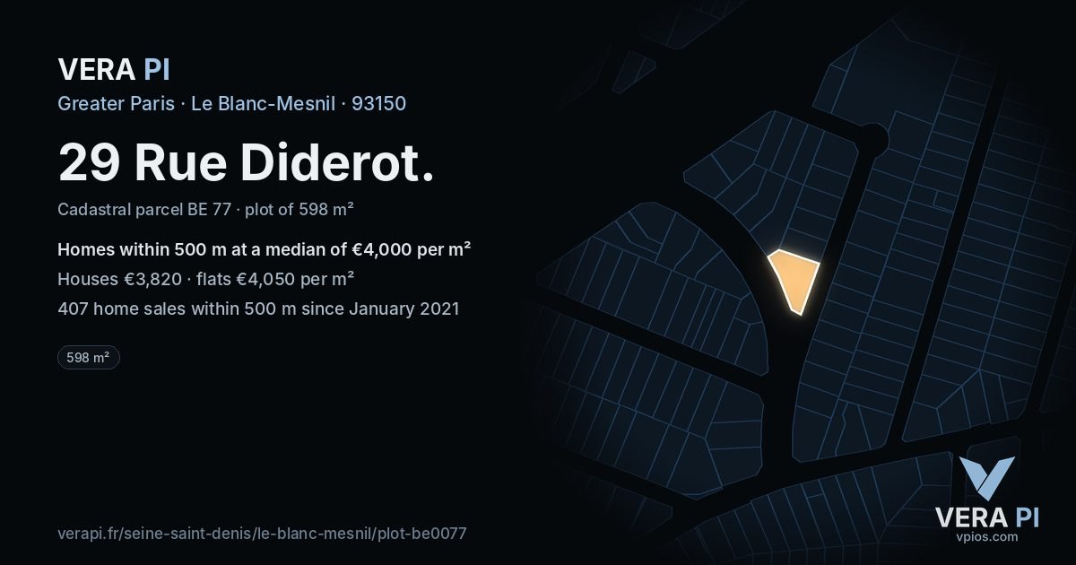 29 Rue Diderot, Le Blanc-Mesnil at night – the plot lit, the parcels around coloured by the prices near them