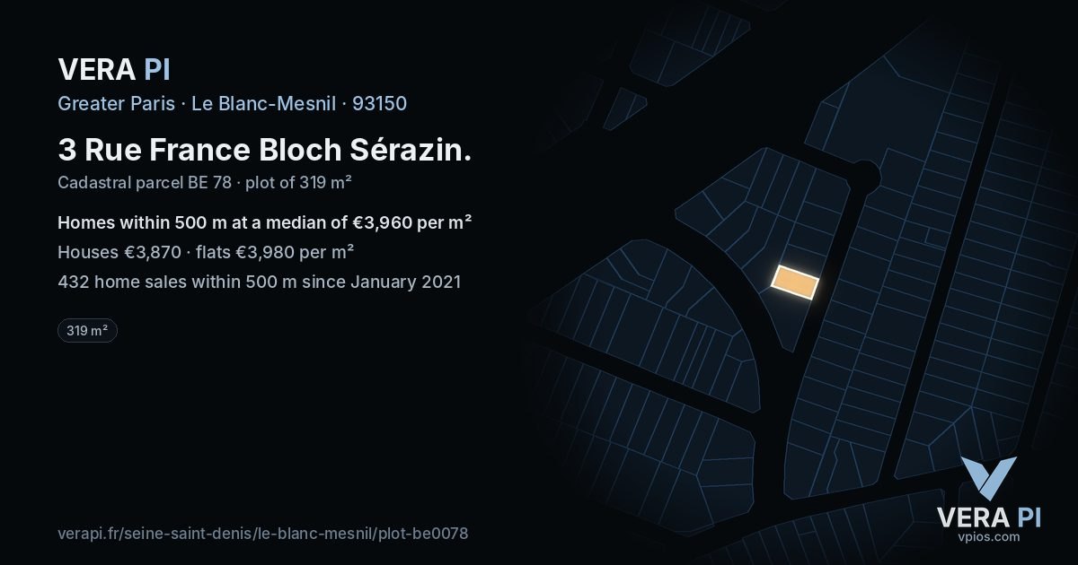 3 Rue France Bloch Sérazin, Le Blanc-Mesnil at night – the plot lit, the parcels around coloured by the prices near them