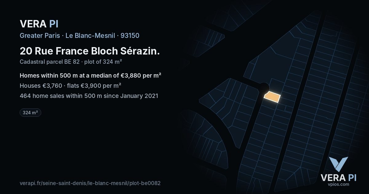20 Rue France Bloch Sérazin, Le Blanc-Mesnil at night – the plot lit, the parcels around coloured by the prices near them