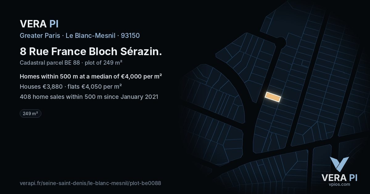 8 Rue France Bloch Sérazin, Le Blanc-Mesnil at night – the plot lit, the parcels around coloured by the prices near them