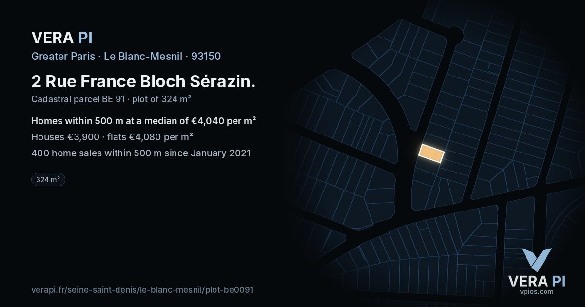 2 Rue France Bloch Sérazin, Le Blanc-Mesnil at night – the plot lit, the parcels around coloured by the prices near them