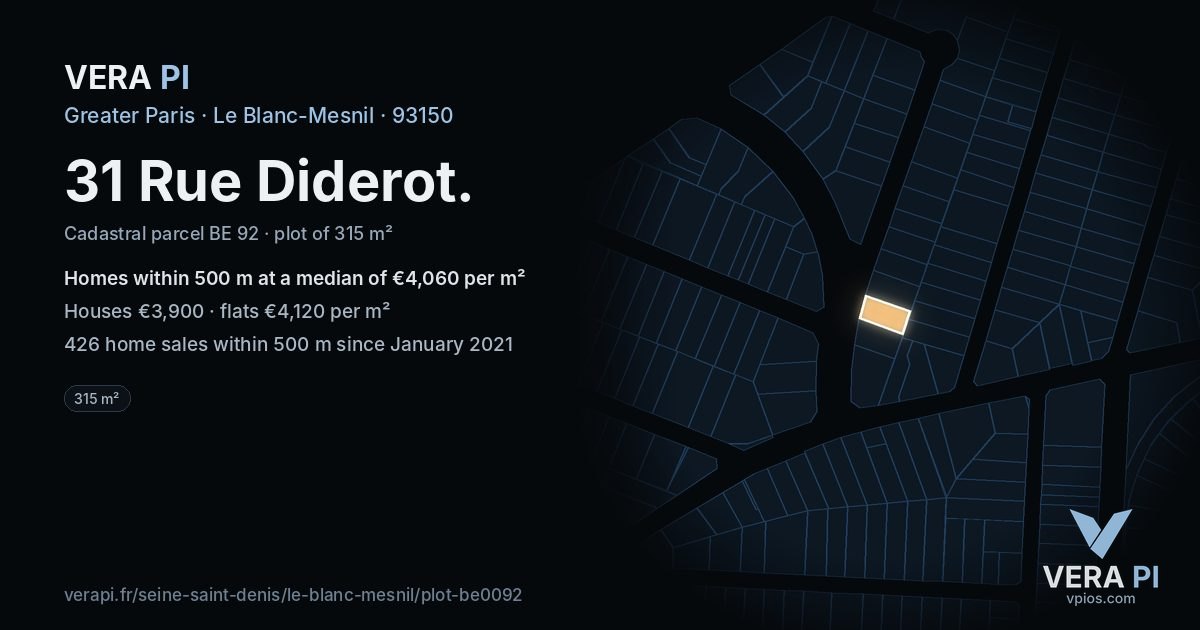 31 Rue Diderot, Le Blanc-Mesnil at night – the plot lit, the parcels around coloured by the prices near them
