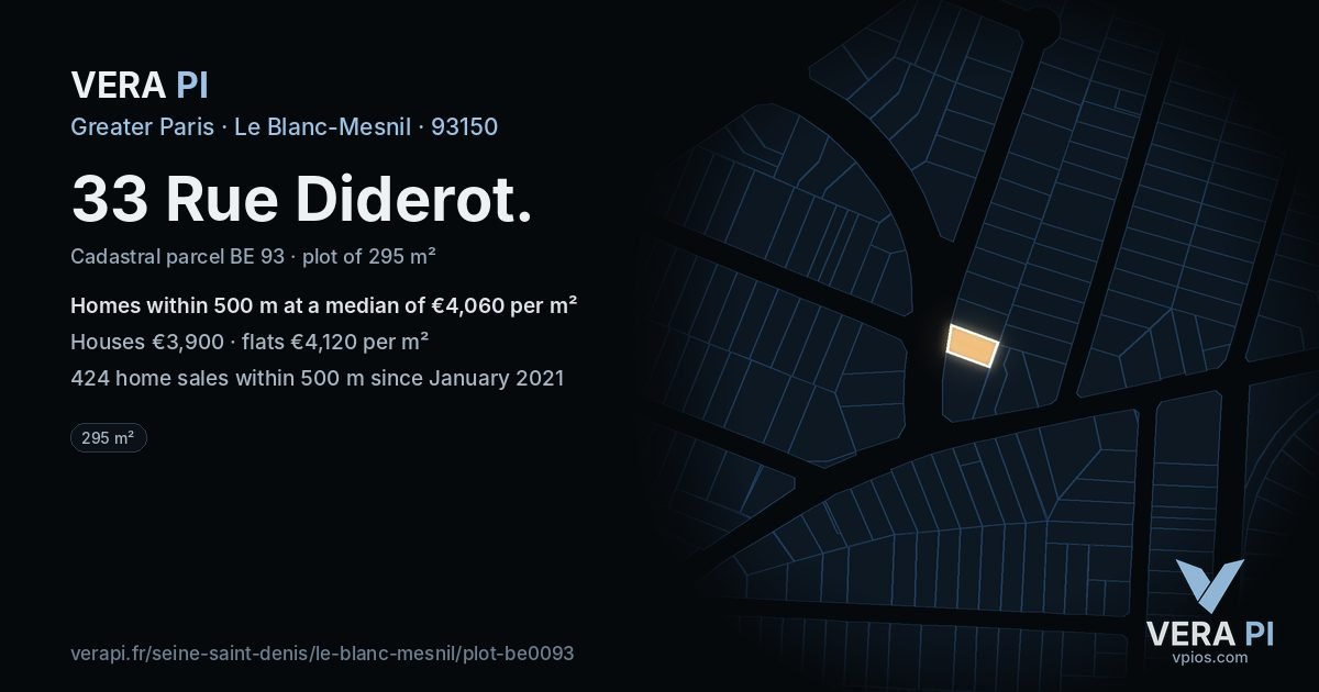 33 Rue Diderot, Le Blanc-Mesnil at night – the plot lit, the parcels around coloured by the prices near them