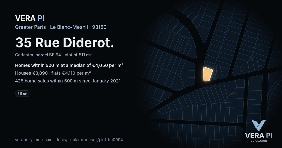 35 Rue Diderot, Le Blanc-Mesnil at night – the plot lit, the parcels around coloured by the prices near them
