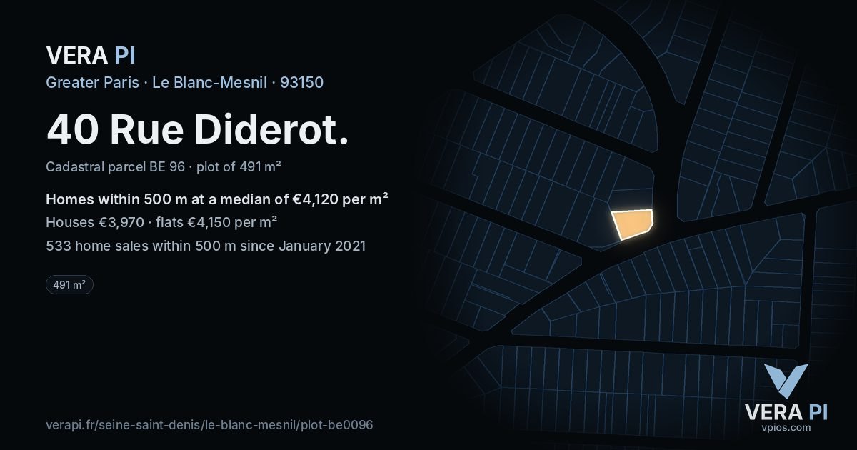 40 Rue Diderot, Le Blanc-Mesnil at night – the plot lit, the parcels around coloured by the prices near them