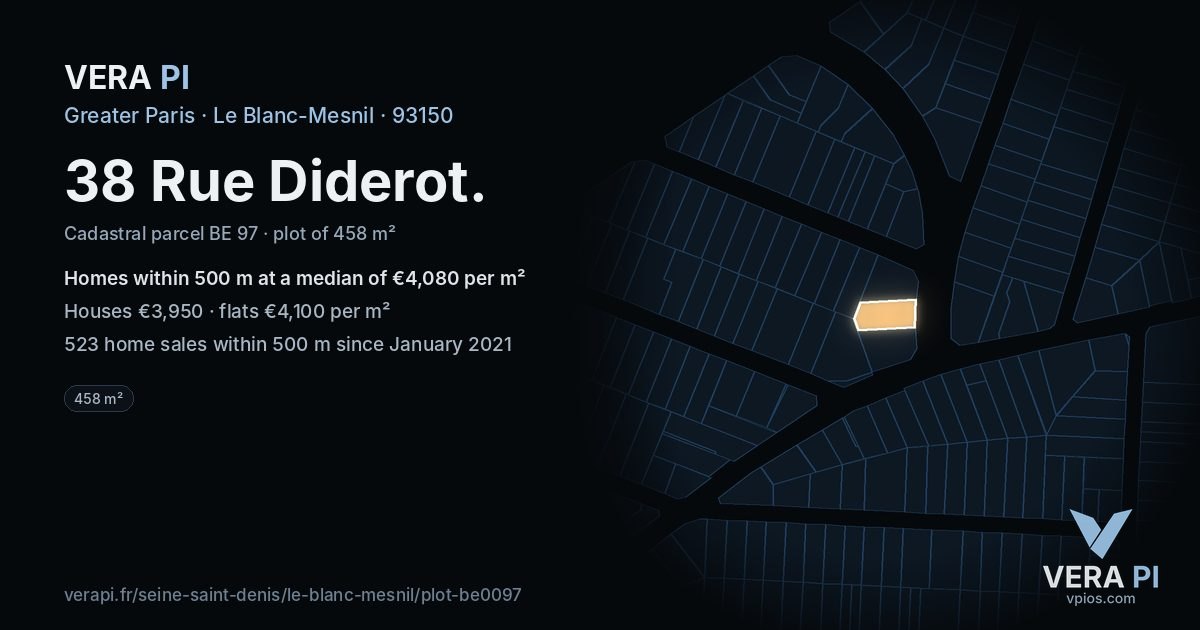 38 Rue Diderot, Le Blanc-Mesnil at night – the plot lit, the parcels around coloured by the prices near them