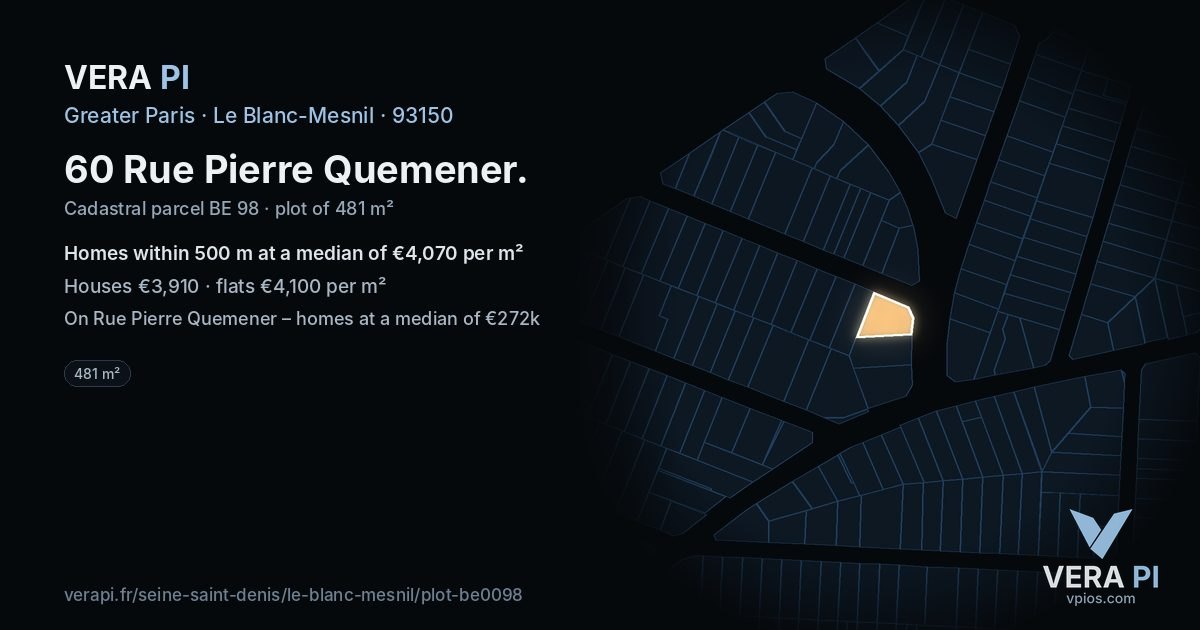 60 Rue Pierre Quemener, Le Blanc-Mesnil at night – the plot lit, the parcels around coloured by the prices near them