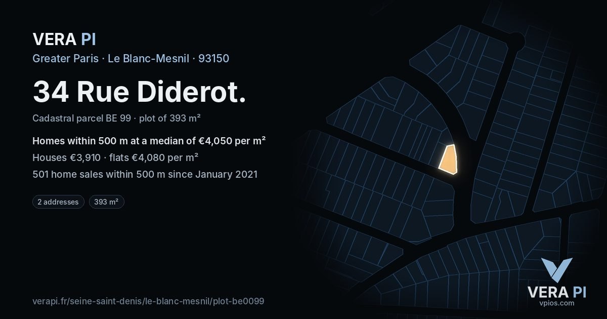 34 Rue Diderot, Le Blanc-Mesnil at night – the plot lit, the parcels around coloured by the prices near them