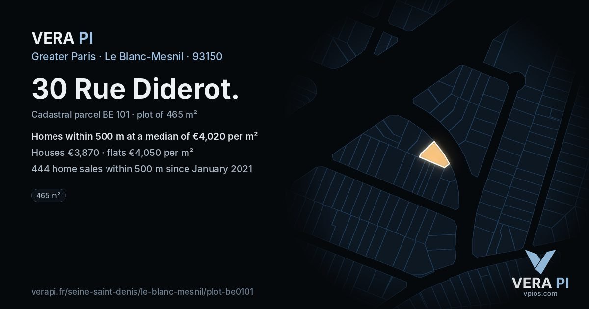 30 Rue Diderot, Le Blanc-Mesnil at night – the plot lit, the parcels around coloured by the prices near them
