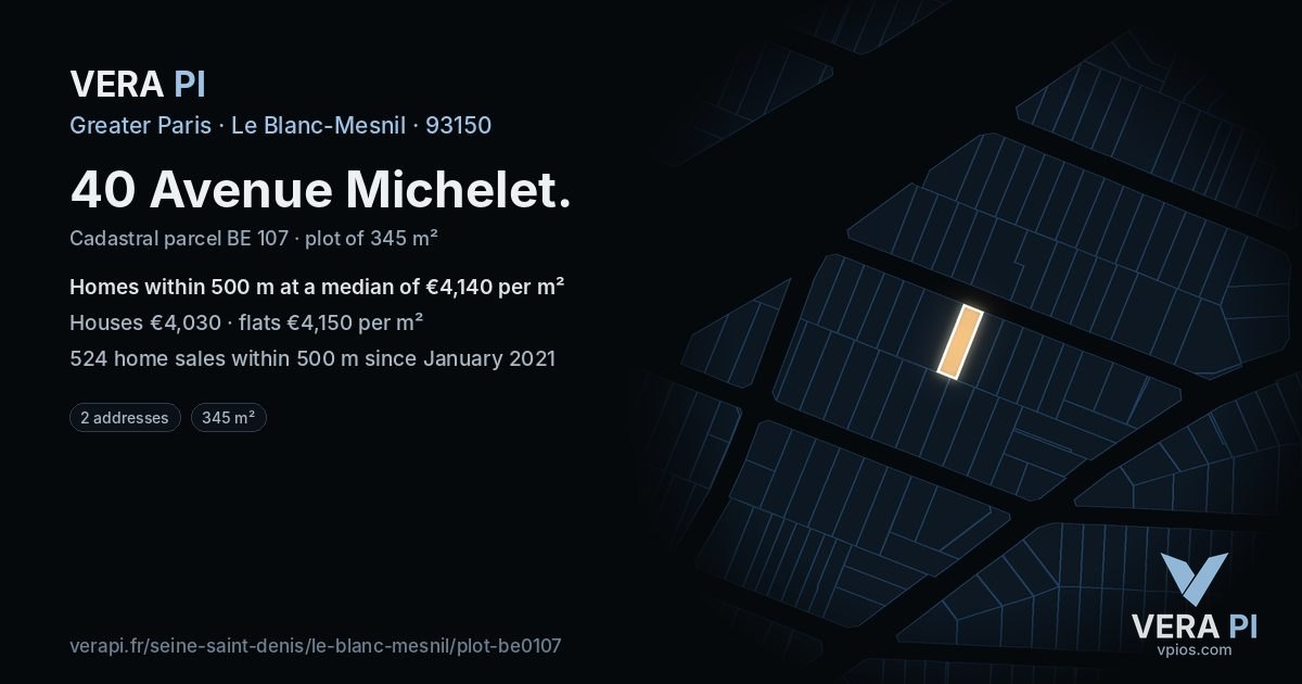 40 Avenue Michelet, Le Blanc-Mesnil at night – the plot lit, the parcels around coloured by the prices near them