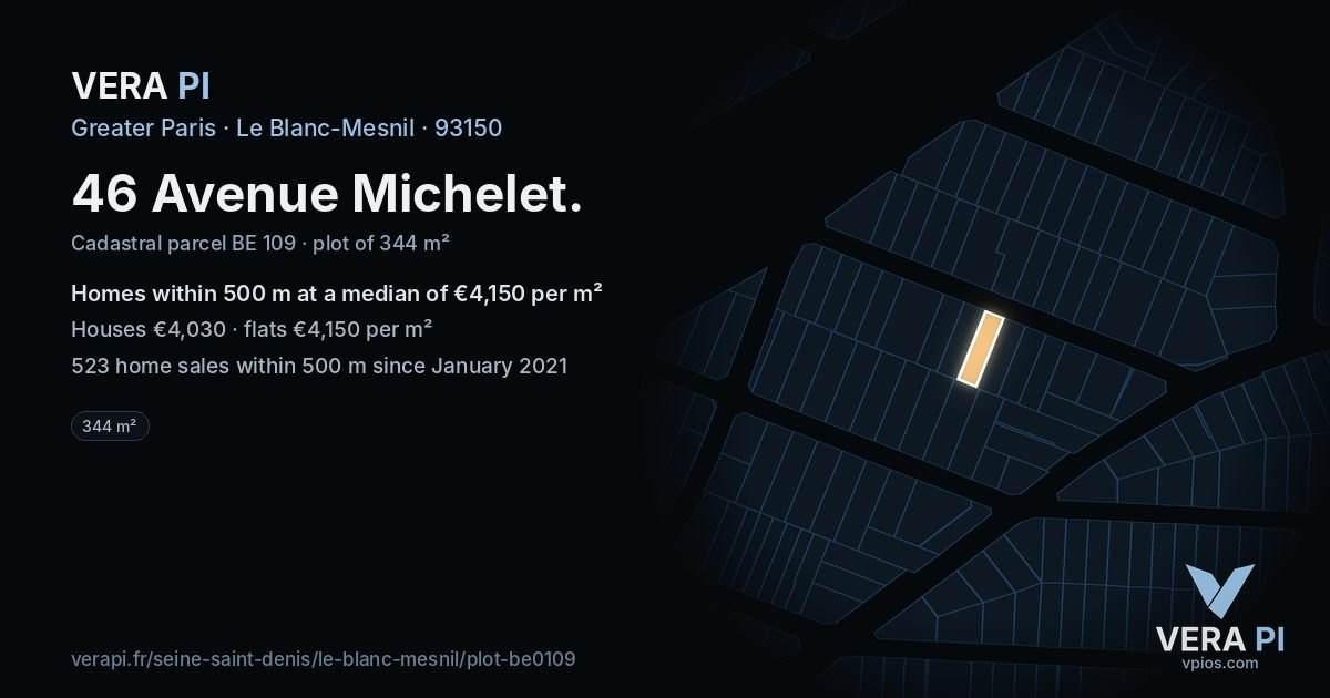 46 Avenue Michelet, Le Blanc-Mesnil at night – the plot lit, the parcels around coloured by the prices near them