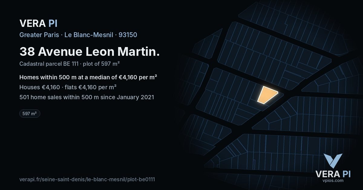 38 Avenue Leon Martin, Le Blanc-Mesnil at night – the plot lit, the parcels around coloured by the prices near them