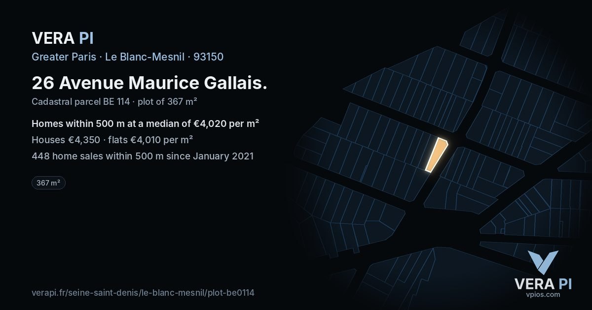 26 Avenue Maurice Gallais, Le Blanc-Mesnil at night – the plot lit, the parcels around coloured by the prices near them
