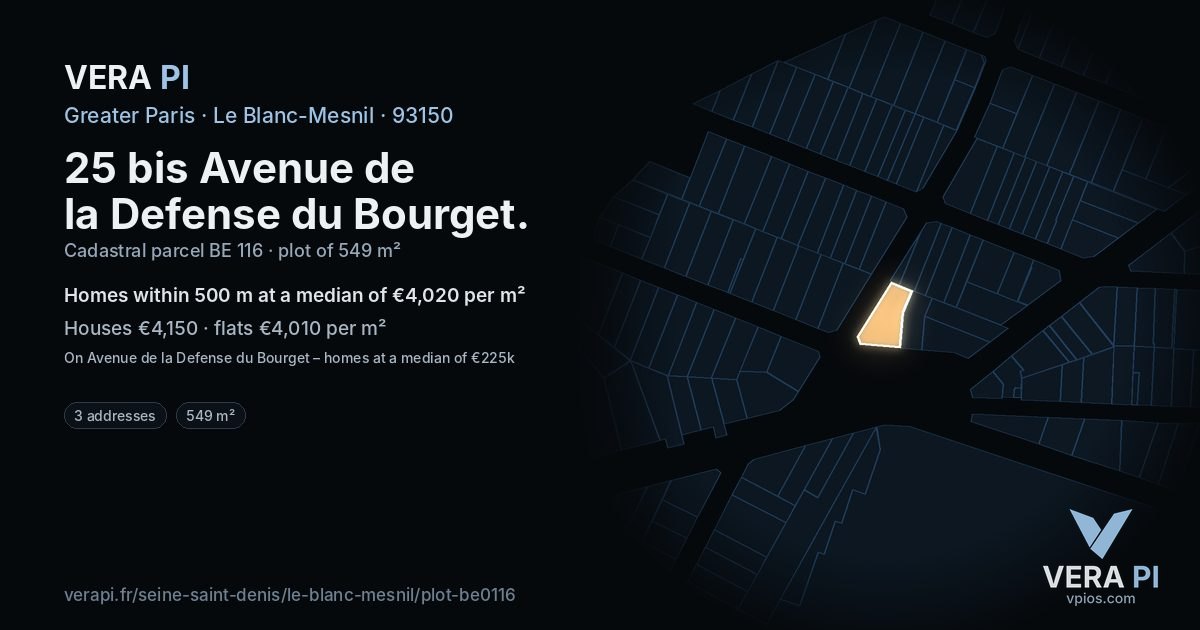 25 bis Avenue de la Defense du Bourget, Le Blanc-Mesnil at night – the plot lit, the parcels around coloured by the prices near them