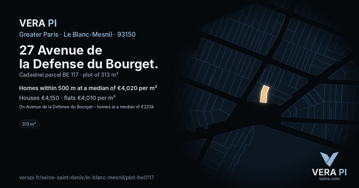 27 Avenue de la Defense du Bourget, Le Blanc-Mesnil at night – the plot lit, the parcels around coloured by the prices near them