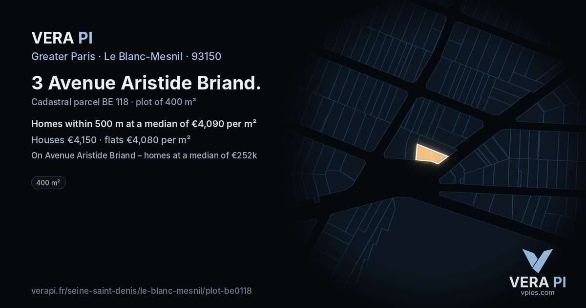 3 Avenue Aristide Briand, Le Blanc-Mesnil at night – the plot lit, the parcels around coloured by the prices near them