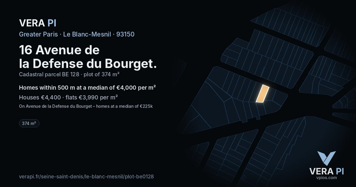 16 Avenue de la Defense du Bourget, Le Blanc-Mesnil at night – the plot lit, the parcels around coloured by the prices near them