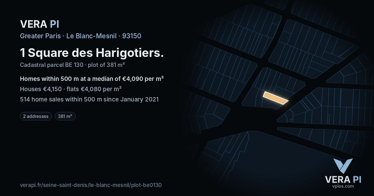1 Square des Harigotiers, Le Blanc-Mesnil at night – the plot lit, the parcels around coloured by the prices near them