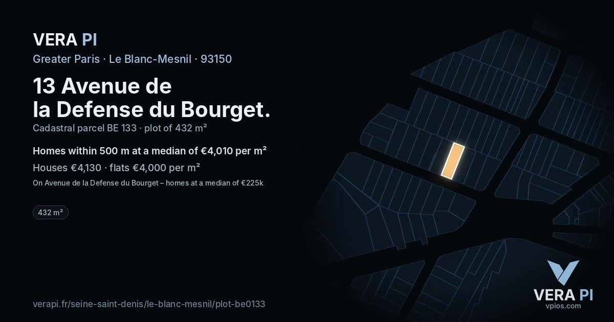13 Avenue de la Defense du Bourget, Le Blanc-Mesnil at night – the plot lit, the parcels around coloured by the prices near them