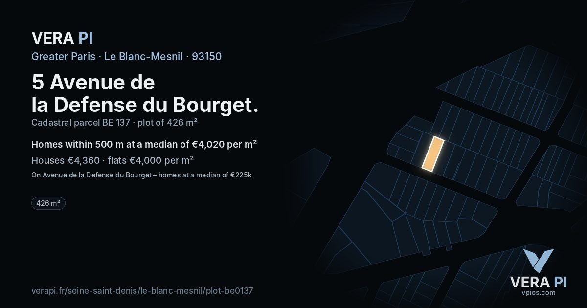 5 Avenue de la Defense du Bourget, Le Blanc-Mesnil at night – the plot lit, the parcels around coloured by the prices near them
